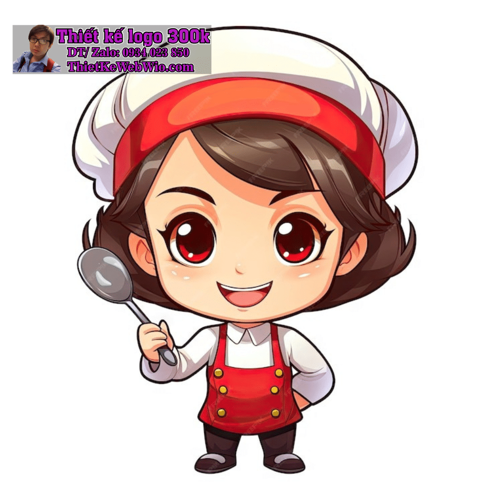 Vẽ chibi bé gái đầu bếp dễ thương, mặc đồng phục đỏ và trắng, tóc ngắn, màu nâu, cầm muỗng để thiết kế logo Vẽ chibi bé gái đầu bếp dễ thương, mặc đồng phục đỏ và trắng, tóc ngắn, màu nâu, cầm muỗng để thiết kế logo