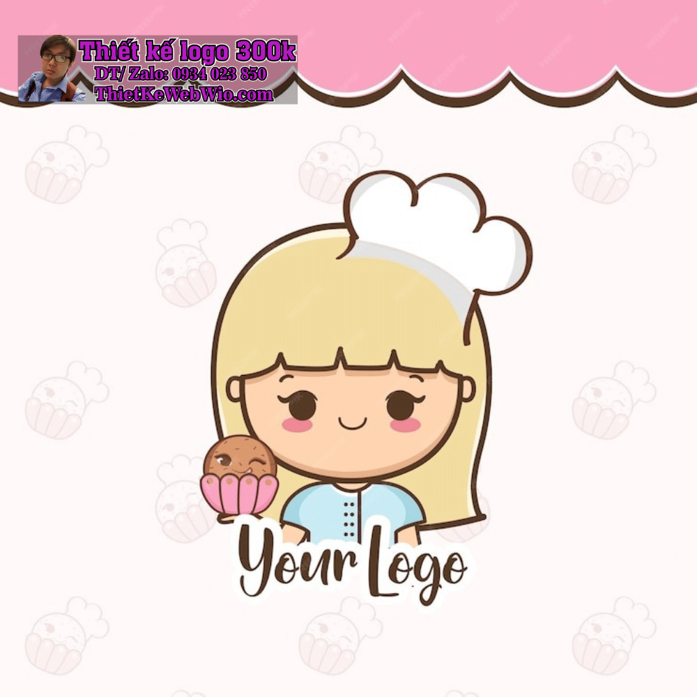 Vẽ chibi bé gái đầu bếp tóc vàng, mặc đồng phục xanh nhạt, cầm bánh cupcake để thiết kế logo Vẽ chibi bé gái đầu bếp tóc vàng, mặc đồng phục xanh nhạt, cầm bánh cupcake để thiết kế logo