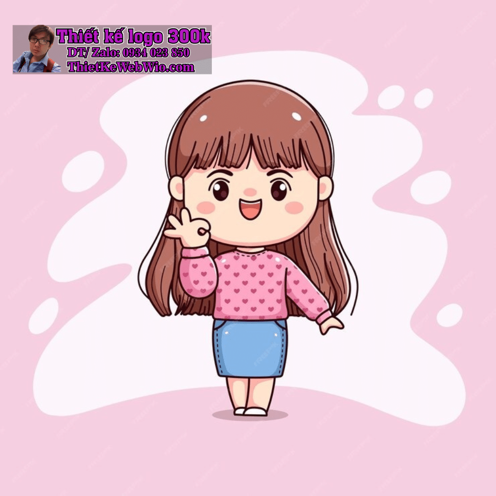 Vẽ chibi bé gái dễ thương, tóc dài màu nâu, mặc áo hồng chấm tim và chân váy xanh để thiết kế logo Vẽ chibi bé gái dễ thương, tóc dài màu nâu, mặc áo hồng chấm tim và chân váy xanh để thiết kế logo