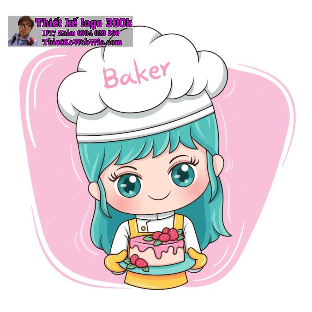Vẽ chibi bé gái thợ làm bánh đáng yêu, tóc xanh, cầm chiếc bánh ngọt với biểu cảm dễ thương để thiết kế logo