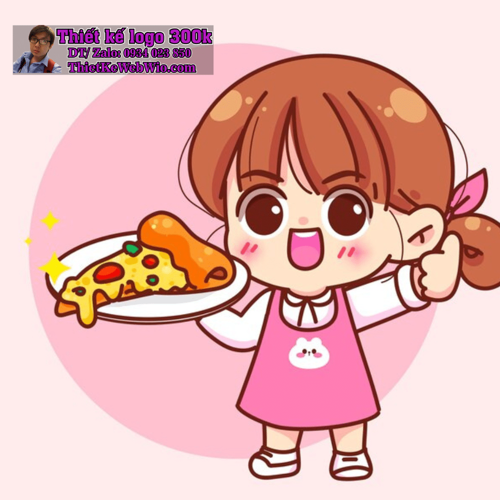Vẽ chibi bé gái tóc nâu buộc đuôi gà, váy hồng, cầm đĩa pizza với biểu cảm vui vẻ để thiết kế logo Vẽ chibi bé gái tóc nâu buộc đuôi gà, váy hồng, cầm đĩa pizza với biểu cảm vui vẻ để thiết kế logo