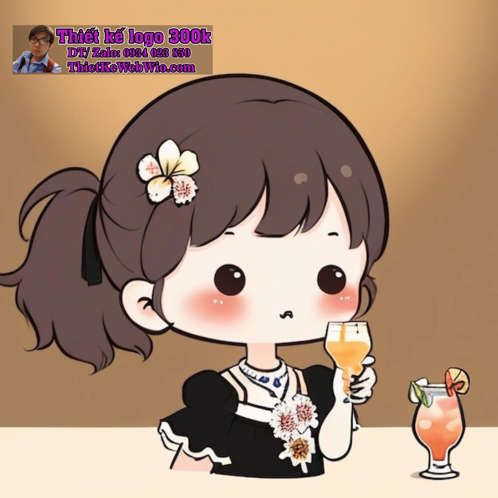 Vẽ chibi bé gái tóc nâu buộc đuôi ngựa, mặc váy đen, cầm ly nước hoa quả để thiết kế logo Vẽ chibi bé gái tóc nâu buộc đuôi ngựa, mặc váy đen, cầm ly nước hoa quả để thiết kế logo