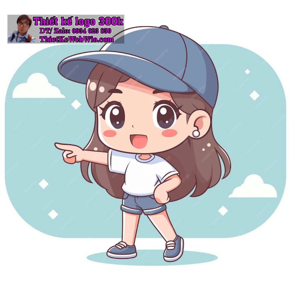 Vẽ chibi bé gái tóc nâu, đội mũ màu xanh, mặc áo trắng và quần ngắn, chỉ tay về phía trước để thiết kế logo Vẽ chibi bé gái tóc nâu, đội mũ màu xanh, mặc áo trắng và quần ngắn, chỉ tay về phía trước để thiết kế logo
