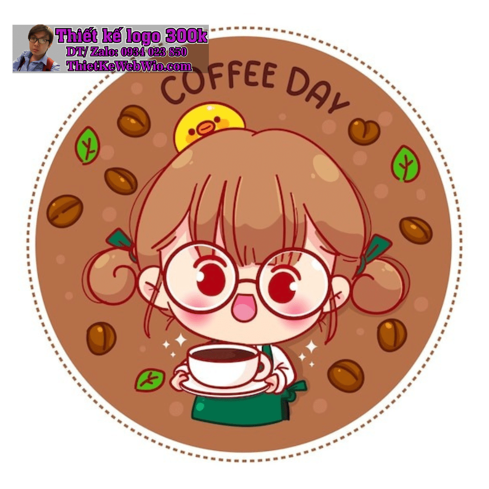 Vẽ chibi bé gái tóc nâu, mặc tạp dề xanh, cầm ly cà phê với biểu cảm dễ thương để thiết kế logo