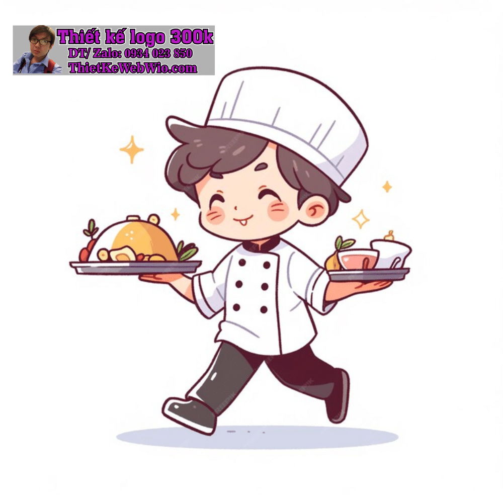 Vẽ chibi bé trai đầu bếp dễ thương, mặc đồng phục trắng và mũ đầu bếp, đang bưng hai khay thức ăn để thiết kế logo Vẽ chibi bé trai đầu bếp dễ thương, mặc đồng phục trắng và mũ đầu bếp, đang bưng hai khay thức ăn để thiết kế logo