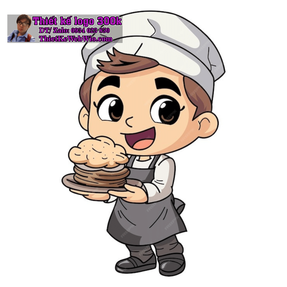 Vẽ chibi bé trai đầu bếp vui vẻ, mặc đồng phục trắng và mũ đầu bếp, cầm đĩa bánh để thiết kế logo Vẽ chibi bé trai đầu bếp vui vẻ, mặc đồng phục trắng và mũ đầu bếp, cầm đĩa bánh để thiết kế logo
