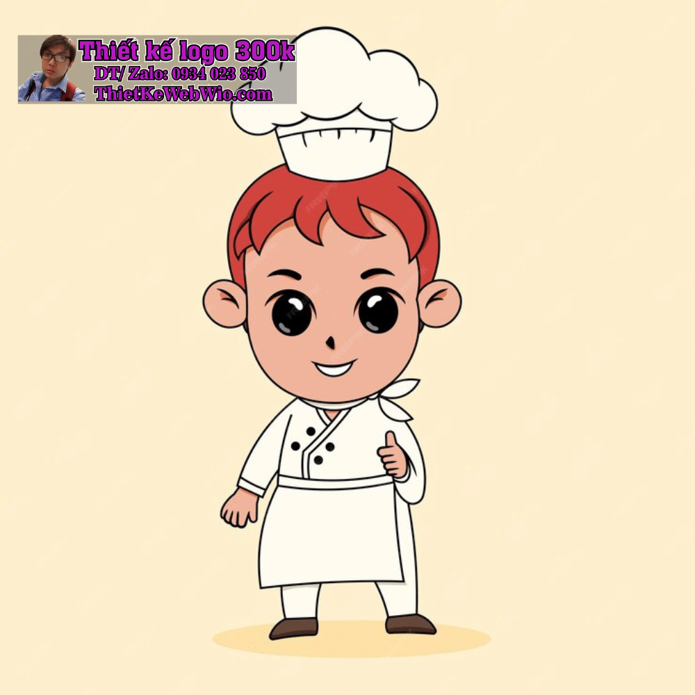 Vẽ chibi bé trai đầu bếp vui vẻ, mặc đồng phục trắng và mũ đầu bếp, đang đứng giơ ngón cái với biểu cảm vui vẻ để thiết kế logo Vẽ chibi bé trai đầu bếp vui vẻ, mặc đồng phục trắng và mũ đầu bếp, đang đứng giơ ngón cái với biểu cảm vui vẻ để thiết kế logo