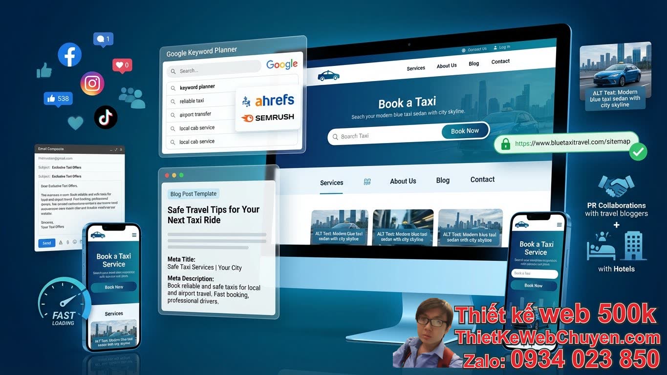 3. SEO và marketing cho thiết kế website taxi tông xanh dương 3. SEO và marketing cho thiết kế website taxi tông xanh dương