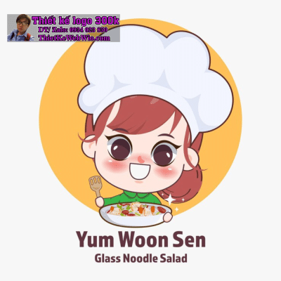 Vẽ chibi bé gái đầu bếp, đội mũ trắng, cầm đĩa Yum Woon Sen (món salad mì thủy tinh) với biểu cảm vui vẻ để thiết kế logo