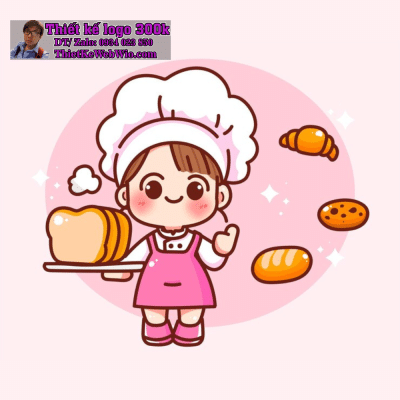 Vẽ chibi bé gái đội mũ đầu bếp, mặc tạp dề hồng, cầm khay bánh mì với biểu cảm dễ thương để thiết kế logo