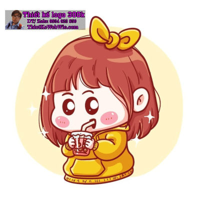 Vẽ chibi bé gái tóc nâu, áo hoodie vàng, uống trà sữa với biểu cảm dễ thương để thiết kế logo