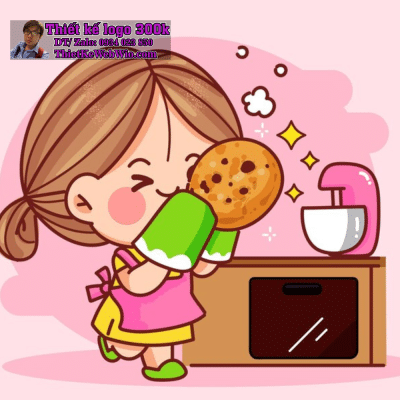 Vẽ chibi bé gái tóc nâu, mặc tạp dề hồng, nướng bánh với biểu cảm dễ thương