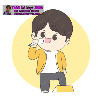 Vẽ chibi bé trai áo khoác vàng, tóc ngắn đen, cầm micro với biểu cảm vui tươi để thiết kế logo