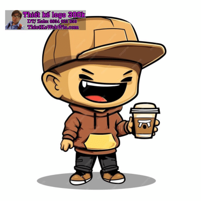 Vẽ chibi bé trai đội mũ lưỡi trai, cười tươi, cầm cốc nước với phong cách năng động để thiết kế logo