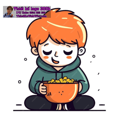 Vẽ chibi bé trai tóc cam, mặc áo hoodie xanh, cầm bát bỏng ngô với biểu cảm dễ thương để thiết kế logo
