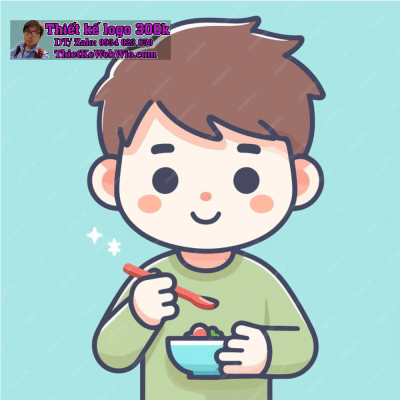Vẽ chibi bé trai tóc nâu, cầm chén cơm với biểu cảm dễ thương để thiết kế logo