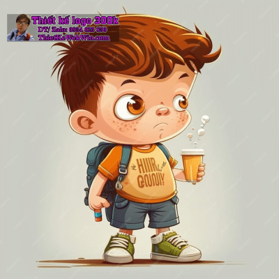 Vẽ chibi bé trai tóc nâu, cầm cốc nước, đeo ba lô với biểu cảm suy tư để thiết kế logo