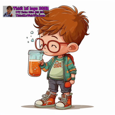 Vẽ chibi bé trai tóc nâu đỏ, đeo kính, cầm ly nước trái cây với biểu cảm vui vẻ để thiết kế logo