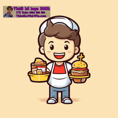 Vẽ chibi bé trai tóc nâu, mặc tạp dề trắng, cầm khay hamburger với biểu cảm vui vẻ để thiết kế logo