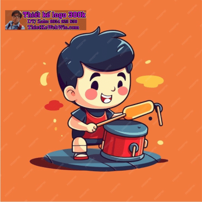 Vẽ chibi bé trai tóc ngắn, chơi trống với biểu cảm vui tươi, tông màu đỏ cam để thiết kế logo