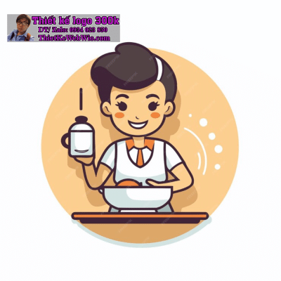 Vẽ chibi bé trai tóc ngắn, cười vui, bưng trà sữa với tông màu cam nhạt để thiết kế logo