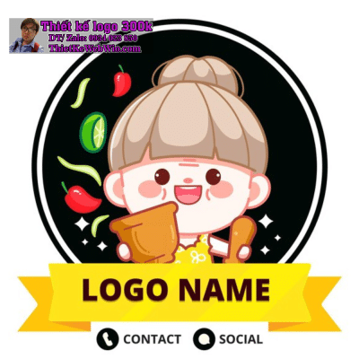 Vẽ chibi đầu bếp tóc nâu búi cao, mặc áo vàng, cầm chày và cối với biểu cảm dễ thương để thiết kế logo